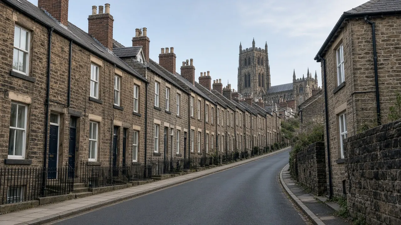 Example image: steep street of stone terraces in Durham City