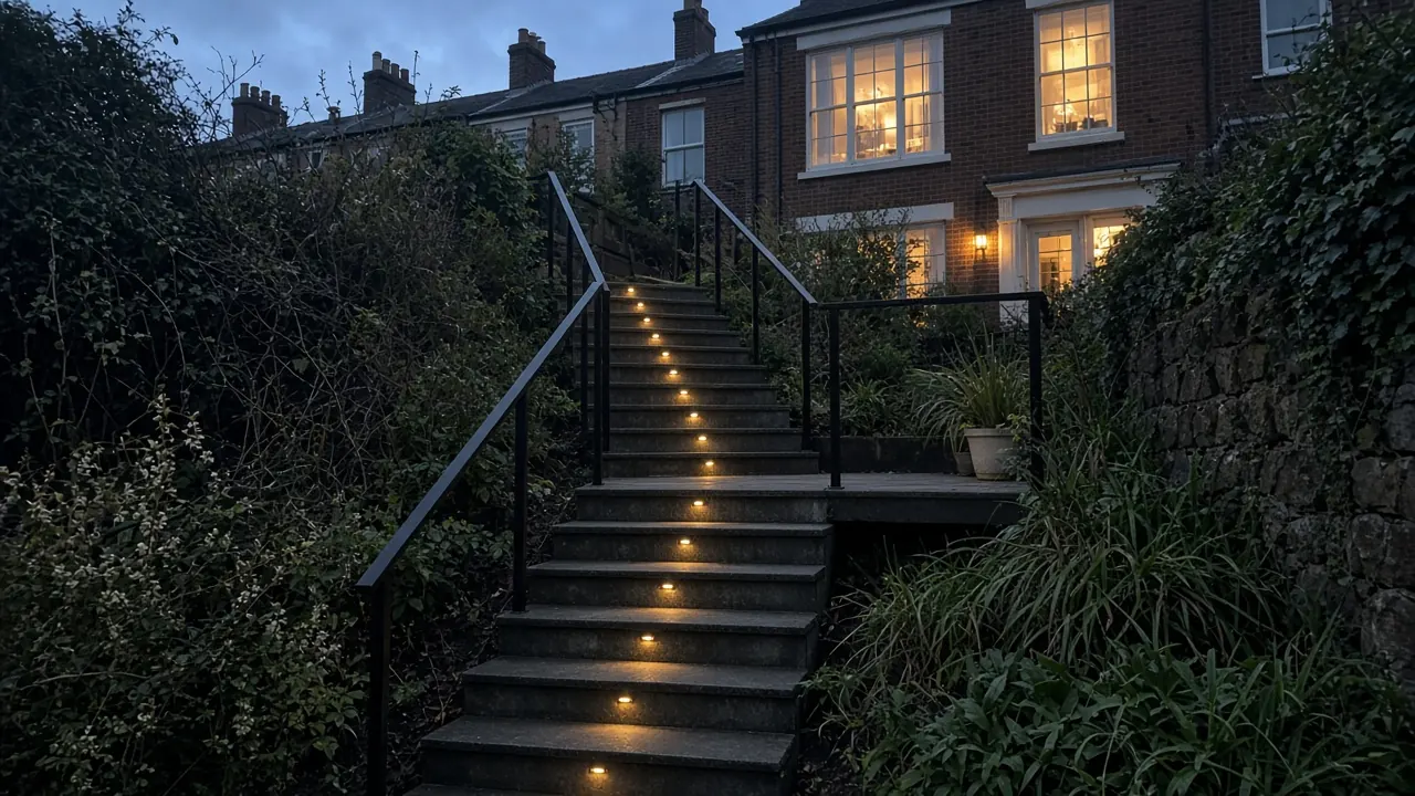 Example image: deck stairs with a landing and LED step lights at dusk