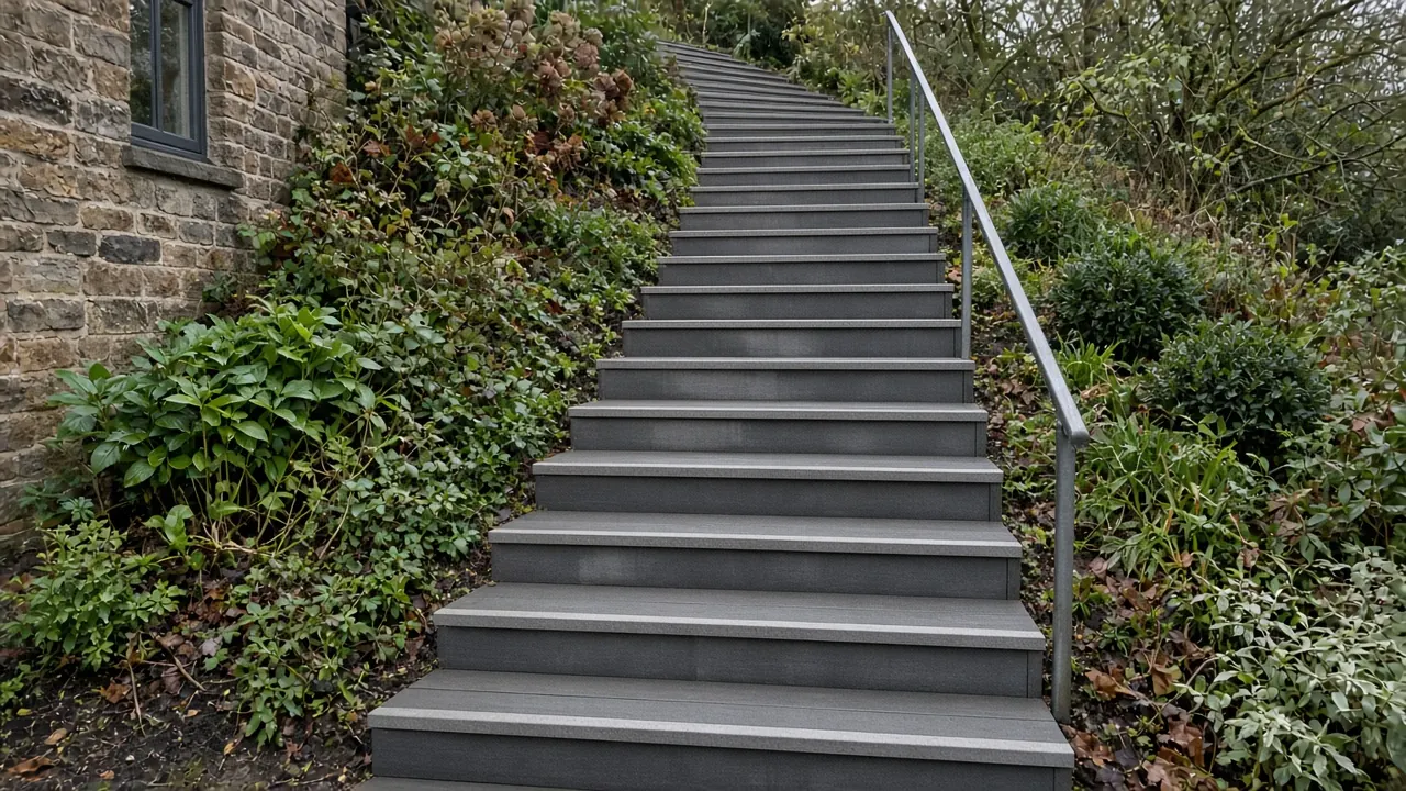 Example image: composite deck steps with contrasting nosings up a slope