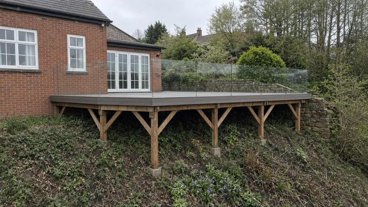 Example image: tall raised deck with braced posts on a hillside garden