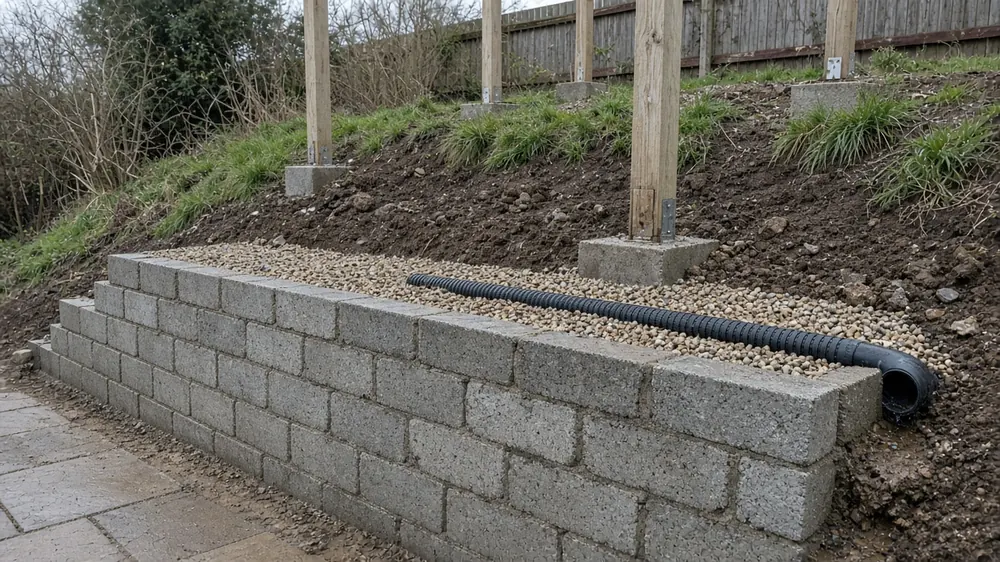 Example image: drainage channel and gravel behind a low retaining wall under a deck