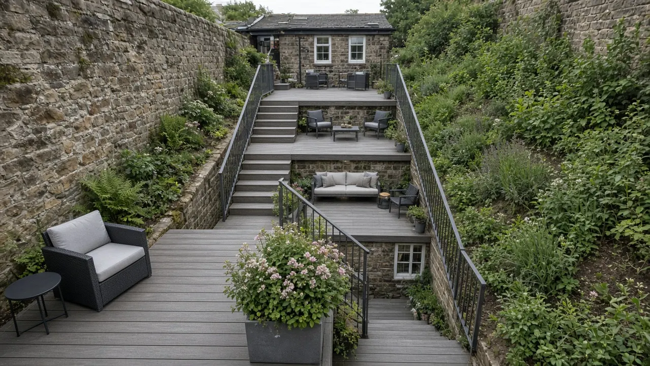 Example image: three terraced deck levels climbing a very steep garden